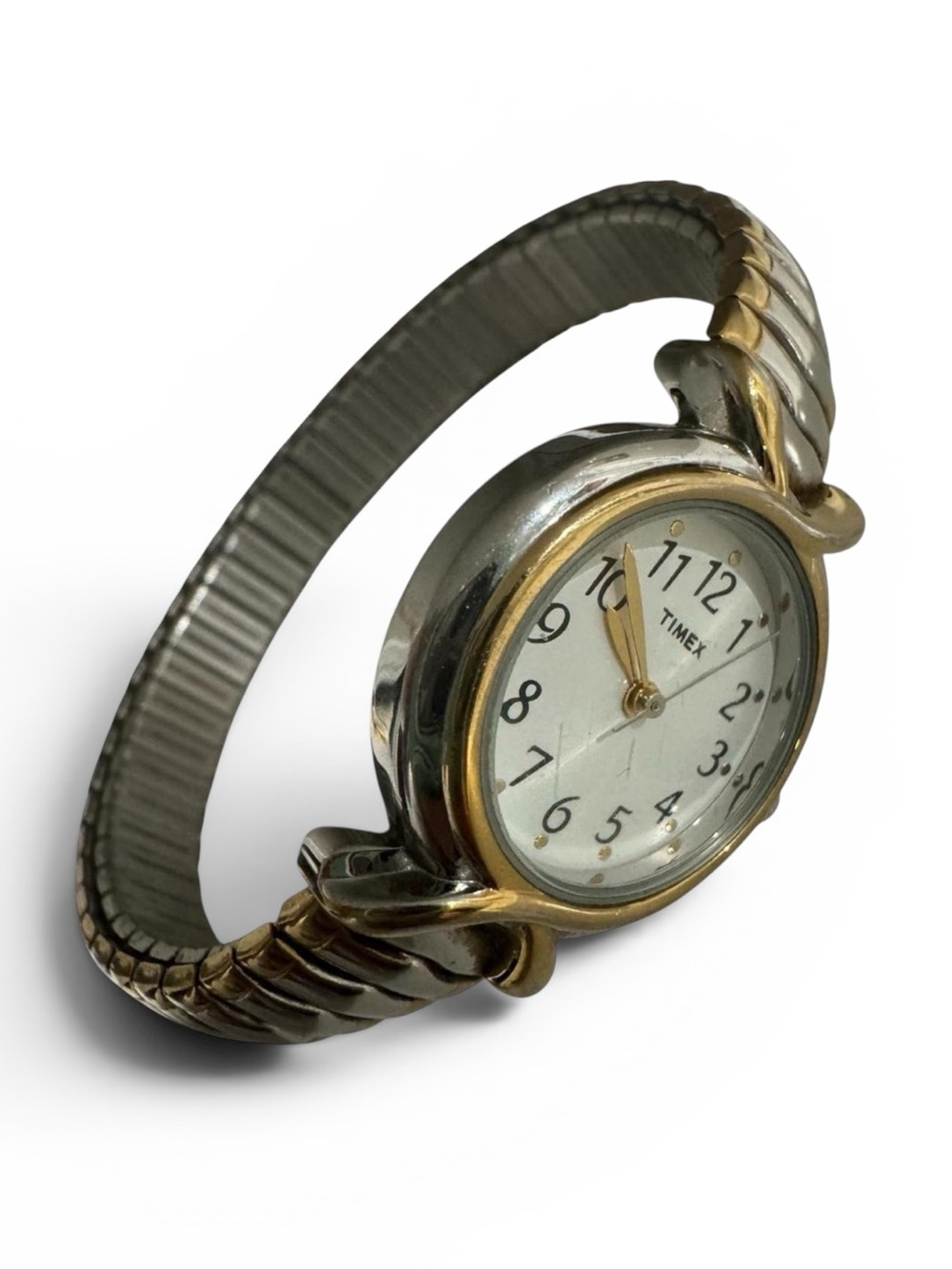 ✨VTG Timex Women’s Silver & Gold Two Tone Minimalist Stretchy Bracelet Watch